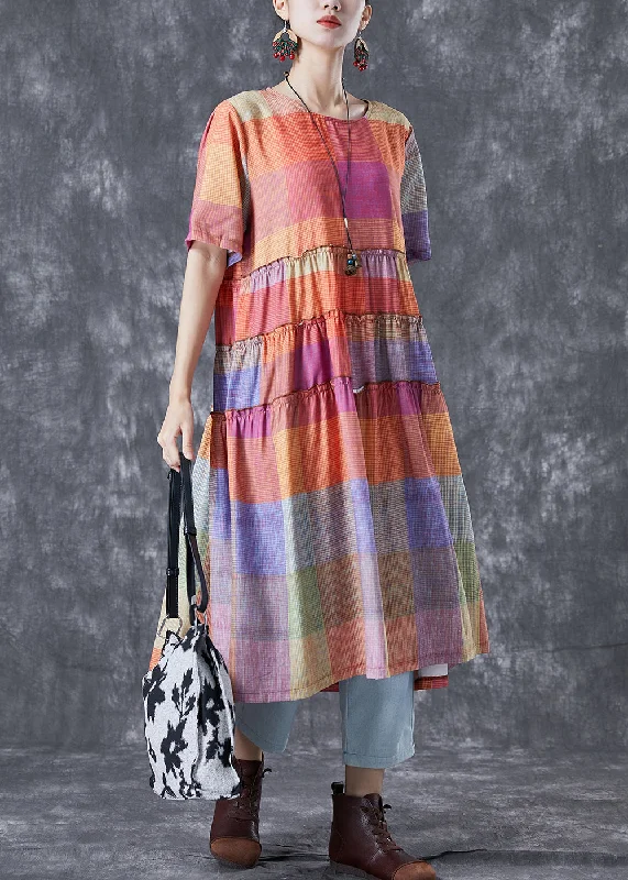 Floral dresses for womenArt Colorblock Ruffled Plaid Cotton Dress Summer