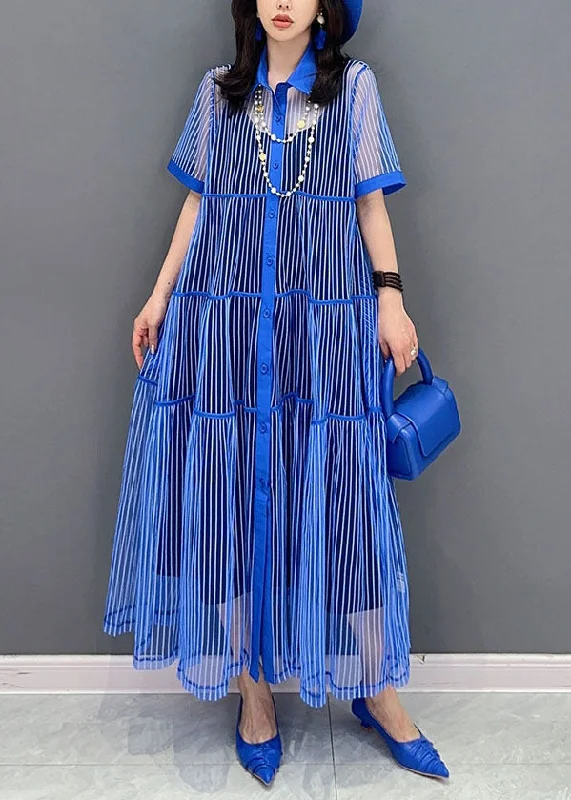 Sweetheart neckline dresses for womenBoutique Blue Striped Peter Pan Collar Patchwork Tulle Shirts Dress Summer