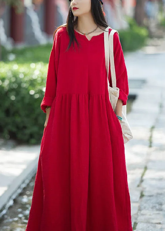 Bohemian women's dressesRed Wrinkled Patchwork Linen Dress V Neck Long Sleeve