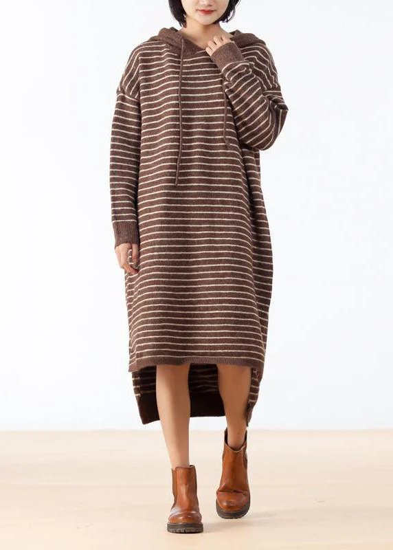 Crew neck women's sweaterCozy Sweater weather Largo Chocolate High Low Hem Knit Stripe Loose Dress