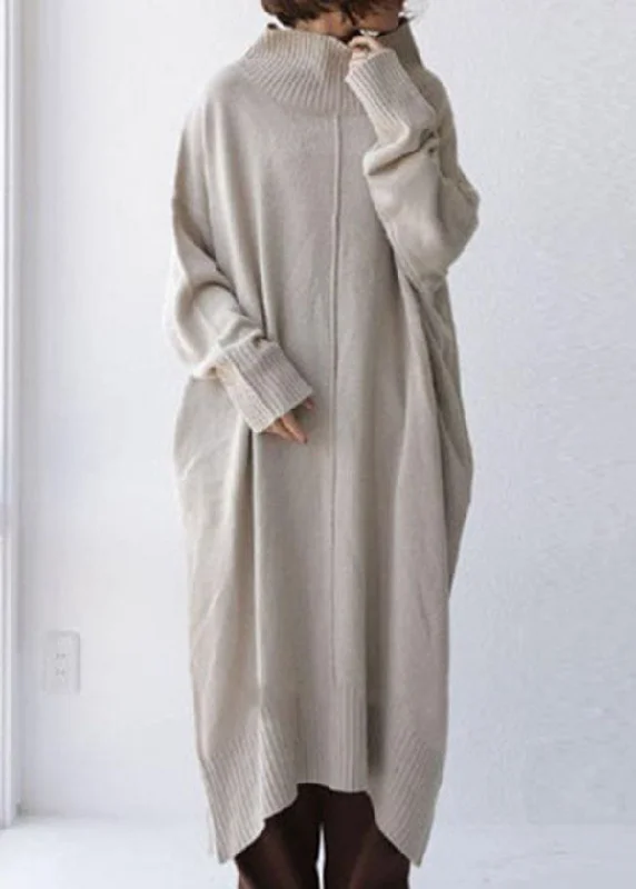 Winter white women's sweaterBoutique Beige High Neck Oversized Knit Sweater Dress Spring
