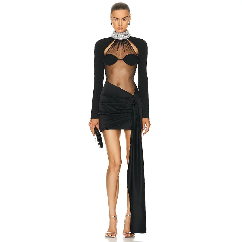 Cotton dresses for everyday wearHigh Neck Long Sleeve Splicing Mini Bandage Dress HL9297