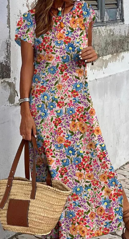 Sheath dresses for womenMulticolor Long Floral Print Short Sleeve Dress