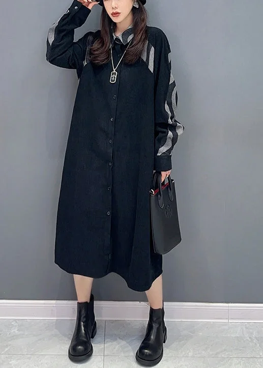 Beach dresses for casual outingsBlack Print Patchwork Denim Shirts Dress Peter Pan Collar Fall