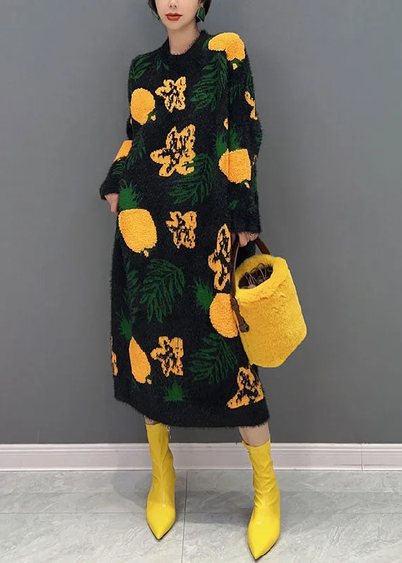 Summer dresses for hot weatherBlack Jacquard Mink Hair Knitted Long Dress O-Neck Oversized Winter