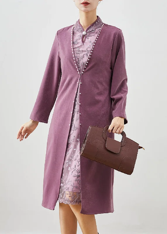 Dancewear dresses for performancesBohemian Purple Embroidered Patchwork Silk Fake Two Piece Dress Fall