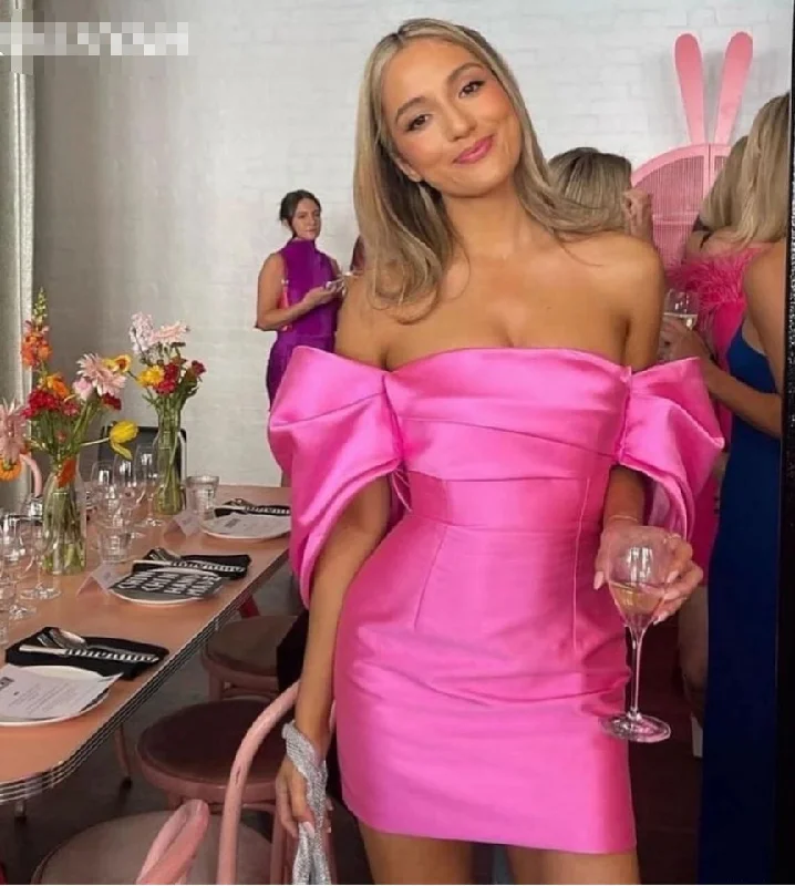 Maxi dresses for womenSexy Pink Mini Evening Dresses Pleated Off Shoulder Satin Backless Prom Dress Graduation Cocktail Party Gowns