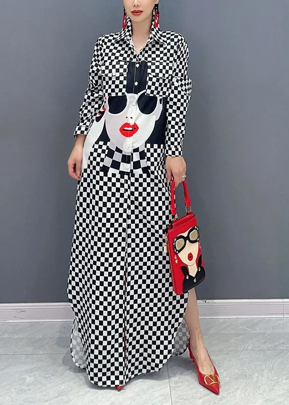 Floral dresses for womenPlus Size Plaid Patchwork Peter Pan Collar Print Girl Side Open Long Shirts Dresses Long Sleeve