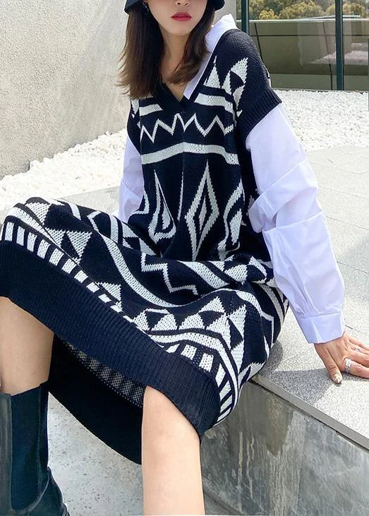 Animal print women's sweaterVintage black Geometric Sweater Wardrobes Beautiful v neck DIY sweater dress