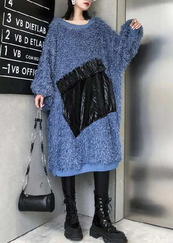 Travel women's sweaterCute blue Sweater weather plus size o neck tassel Big sweater dresses