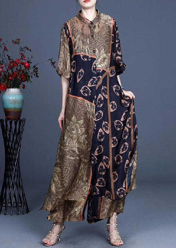Statement women's topsItalian Black Print Button long shirts Wide Leg Two-Piece Set