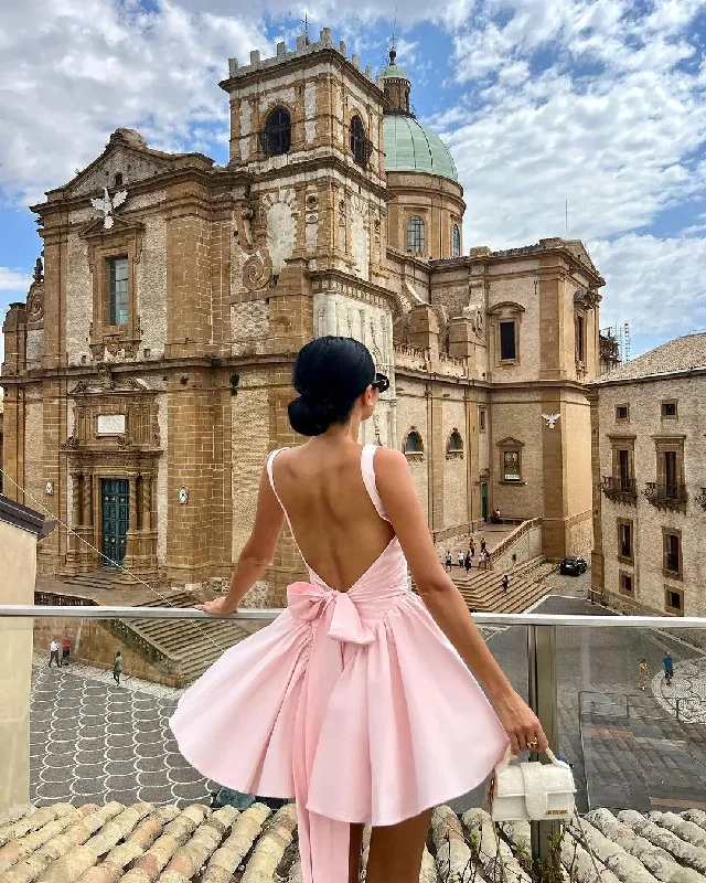 Backless dresses for womenNeck Suspender Mini Dresses Summer Chic Female Party Vestidos Fashion Bow Backless Pleated Dress For Women Pink Solid Square