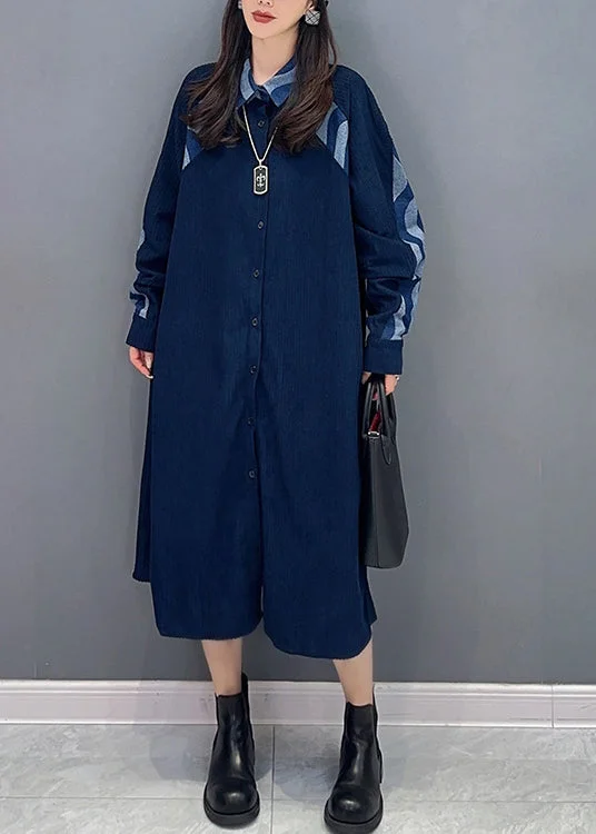 Handmade dresses for unique fashion statementsNatural Blue Peter Pan Collar Patchwork Denim Shirts Dresses Fall