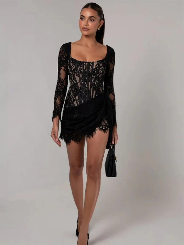 Halter dresses for womenSquare Collar Long Sleeve Lace Mini Dress KLYF1367