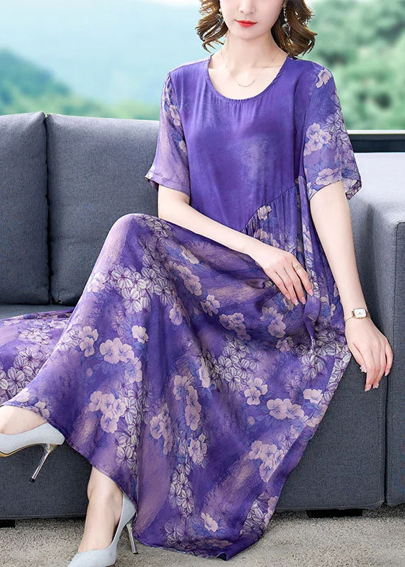 Backless dresses for womenBoutique Purple O Neck Print Wrinkled Patchwork Silk Dress Summer