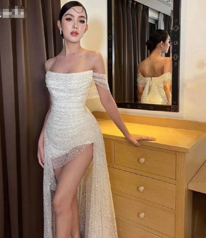 Godet dresses for womenGlitter Mermaid Prom Dress Off Shoulder Fishtail Evening Dress Shiny Beading Party Dress Trumpet Mini فساتين مناسبة رسمية