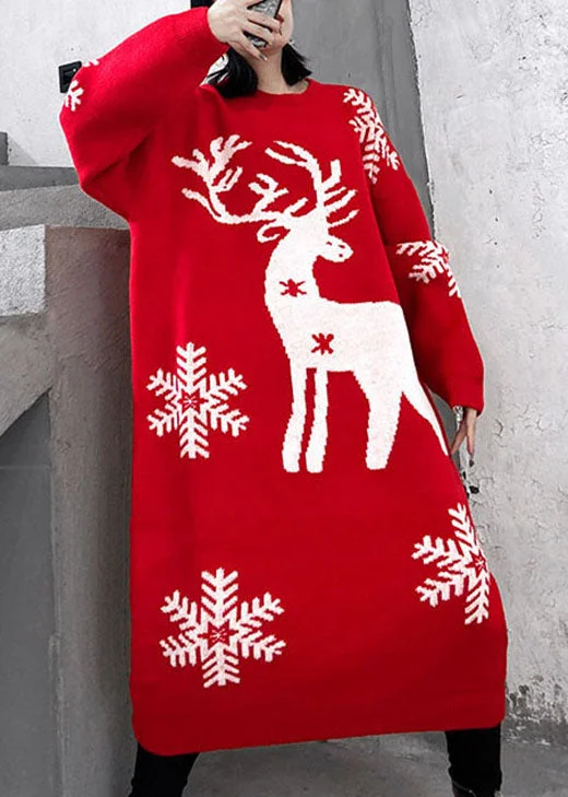 Fine knit women's sweaterNatural Red Print Thick Loose Winter Knit Sweater Dress
