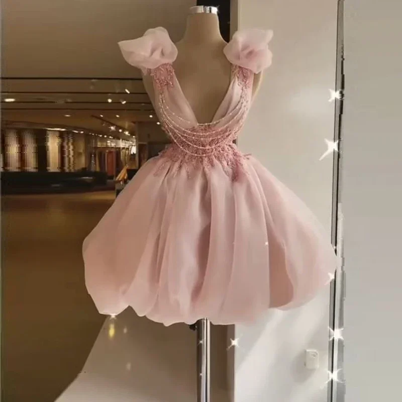 Bridesmaid dresses for womenPink Fashion Sweet Short Prom Dress V Neck Sleeveless Lace Appliques Ball Gown Women Mini Cocktail Evening Gown Custom Made