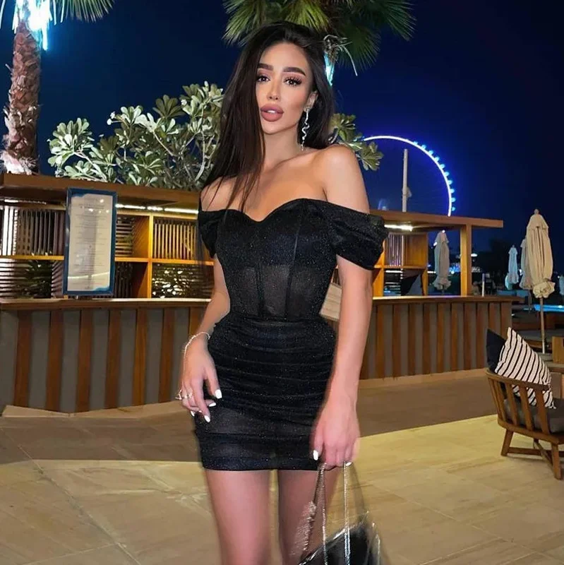 Synthetic dresses for budget-friendly optionsOff The Shoulder Glitter Corset Mini Dress Ruched Bodycon Mini Dress Sexy Party Elegant
