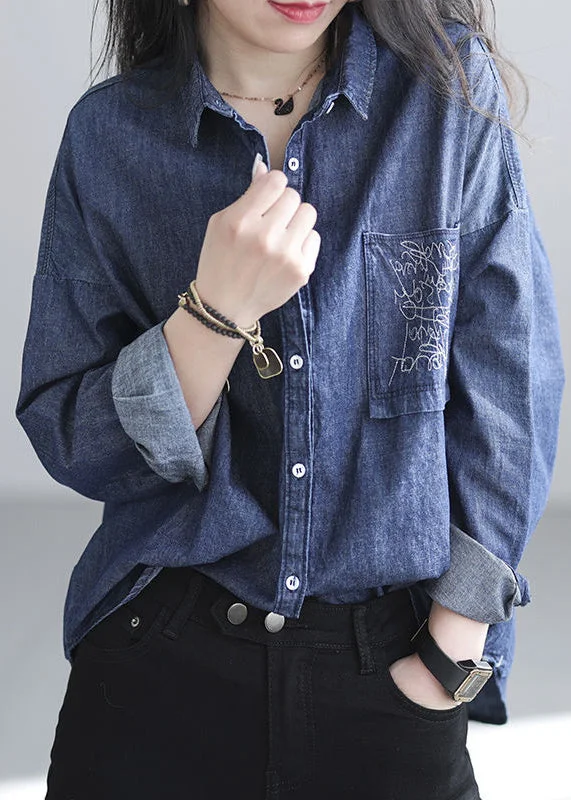 Stretchy women's topsChic Navy Embroidered Denim Shirt Spring