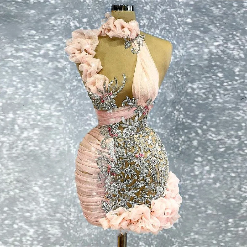 Strapless dresses for womenFloral Prom Dresses Women See Through Pencil Shape Mini Beaded Prom Dress Sexy Layered Tiered Above Knee Length