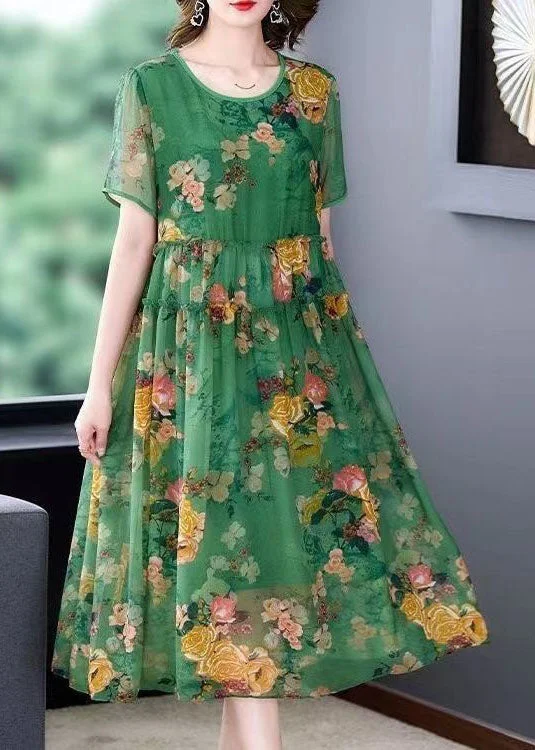 Evening gowns for formal eventsStylish Green O-Neck Ruffled Print Patchwork Silk Dresses Summer