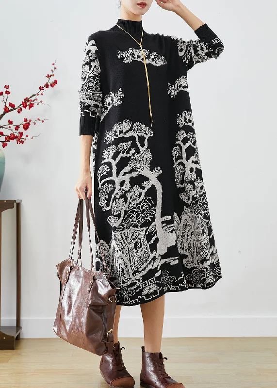 Cropped women's sweaterChic Black High Neck Print Knit Sweater Dress Fall