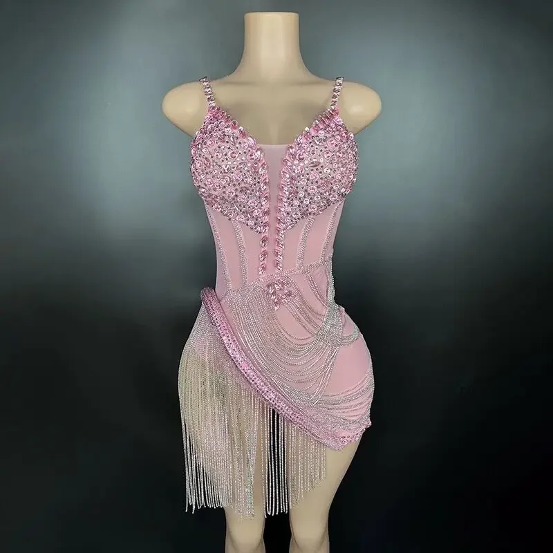 Long-sleeved dresses for womenFlashing Rhinestones Tassels Pink Color Sexy Sheath Mini Dress Birthday Celebrate Evening Party Costume Nightclub Stage Wear