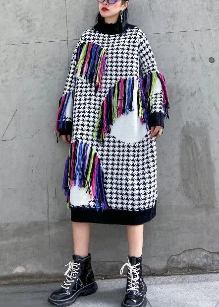 Loungewear women's sweaterKnitted plaid Sweater dresses Design tassel oversized high neck sweater dresses