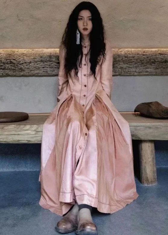 Shift dresses for womenWomen Pink Wrinkled Pockets Cotton Shirts Long Dresses Fall