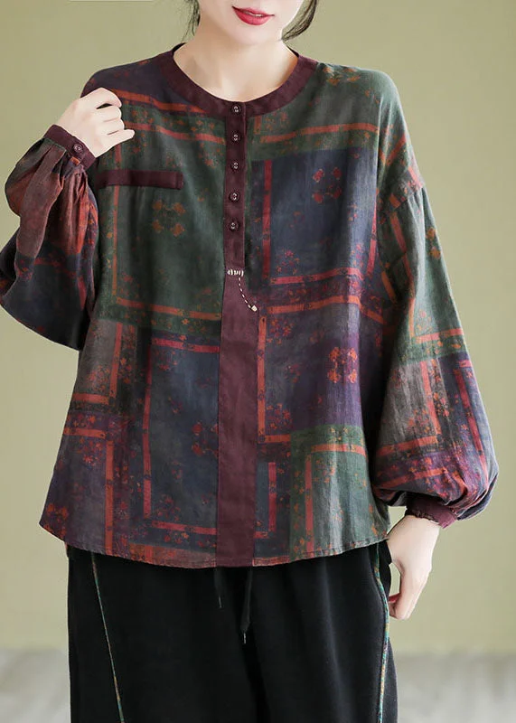 Fitted women's topsRetro Print Button T Shirt Long Sleeve