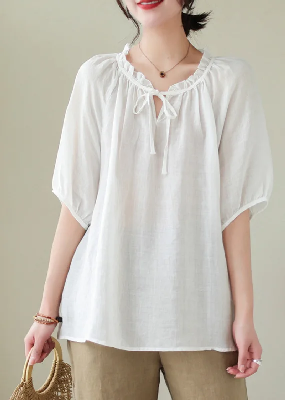 Summer women's topsModern White Lace Up Ruffled Linen Shirts Summer