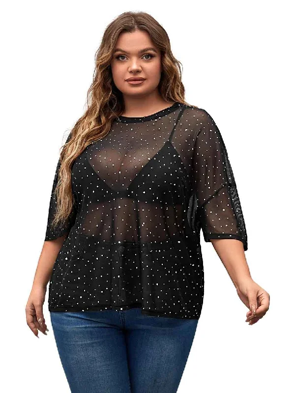Polka dot women's topsShort-Sleeved Round Neck Black Plus Size Rhinestone Shirts