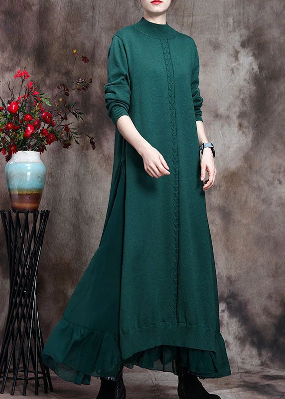 Embroidered women's sweaterElegant Green Stand Collar asymmetrical design Fall Knit Sweater Dress