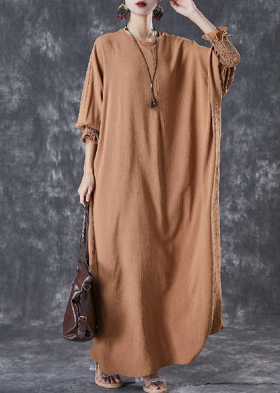V-neck dresses for womenKhaki Cotton Holiday Dress Oversized Batwing Sleeve