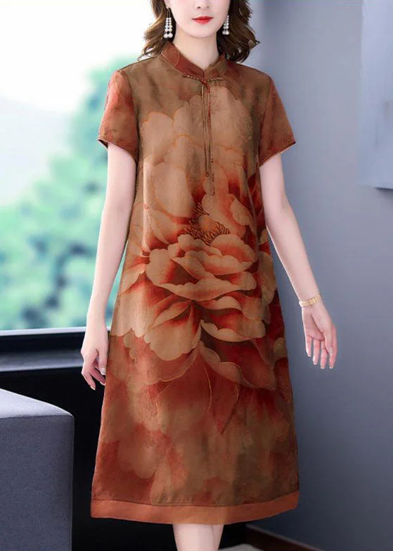 Winter dresses for cold weatherYellow Print Patchwork Silk Dresses Stand Collar Summer