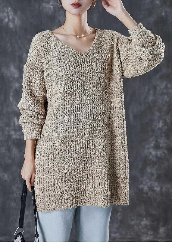 Tunic-style women's sweaterStyle Khaki V Neck Oversized Knit Sweater Dress Winter