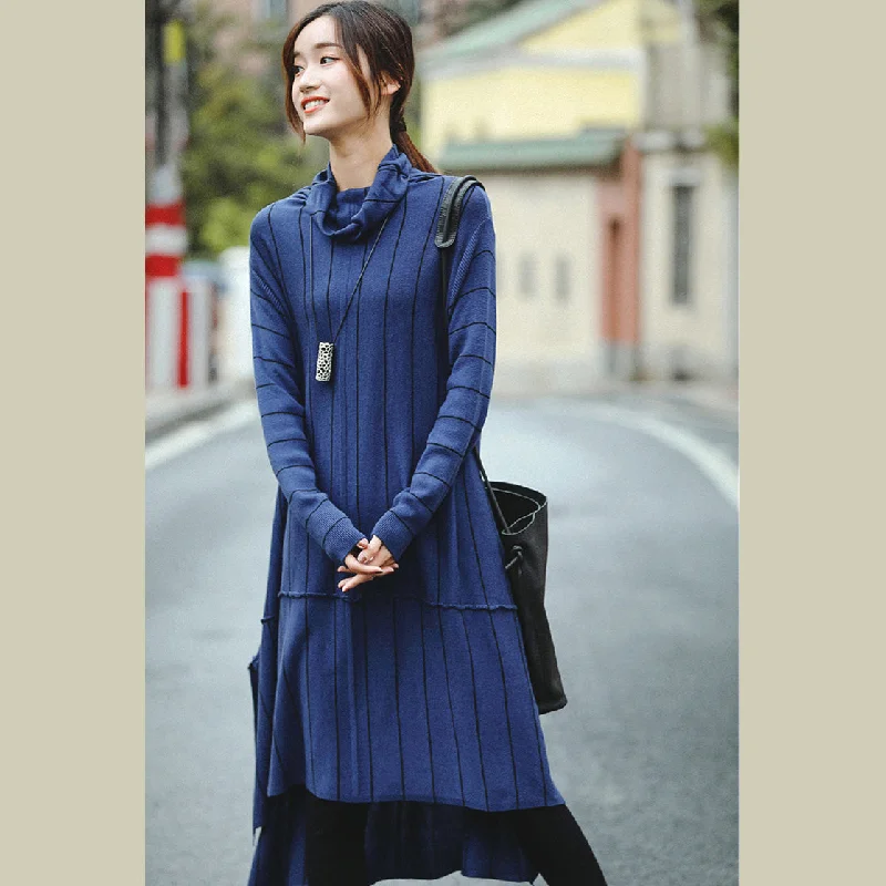 Designer women's sweaterElegant Blue High Neck Loose Fashion Sweater Dresses For Women