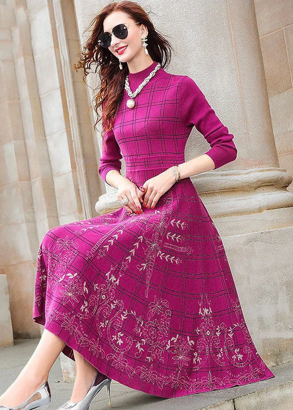 Floral print women's sweaterElegant Rose Turtle Neck Plaid Knit Sweater Dress Winter
