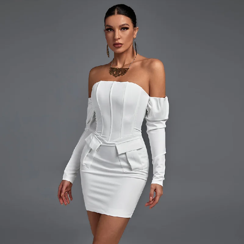 Satin dresses for womenOff Shoulder Long Sleeve Striped Mini Bandage Dress FP21426