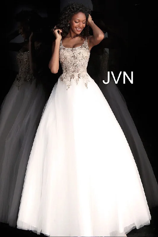 women's suit sets with stretch fabricsJovani JVN 67127 Size 8 Off White Sheer Embellished Corset Ballgown Dress