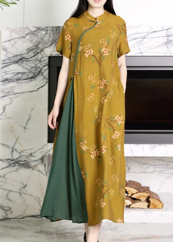 Bell sleeve dresses for womenFashion Yellow Stand Collar Asymmetrical Print Patchwork Button Linen Long Dresses Short Sleeve