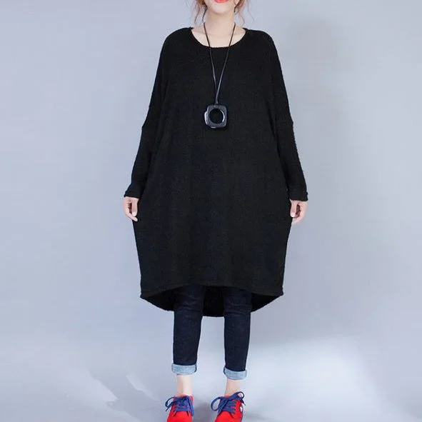Sheer women's sweaterautumn black low high woolen knit dresses plus size casual long sleeve maternity sweater dress