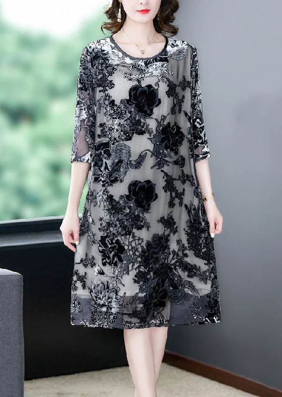 Spaghetti strap dresses for womenElegant Black Grey Embroideried Patchwork Silk Dresses Summer