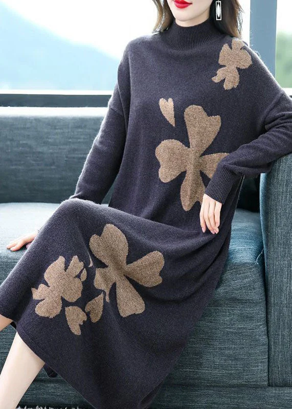 Earth-tone women's sweaterDIY Purple Stand Collar Embroideried Knit Cashmere Sweater Dress Long Sleeve