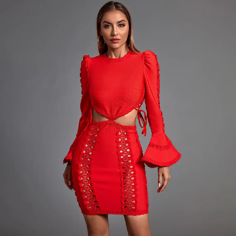 Round-neck dresses for womenRound Neck Long Sleeve Cut Out Mini Bandage Dress PP21108