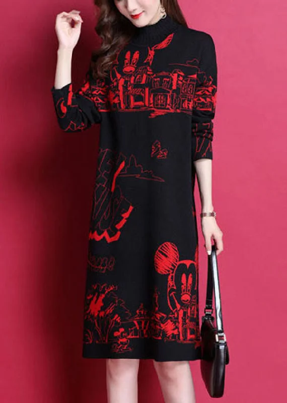 Neon women's sweaterRed Print Thick Knit Long Sweater Dress High Neck Long Sleeve