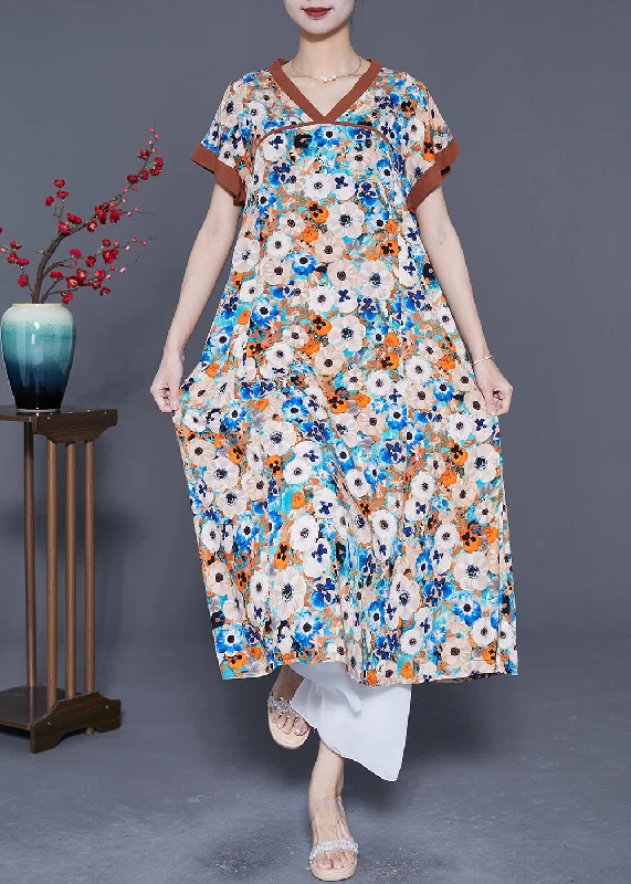 A-line dresses for womenBlue Patchwork Cotton Holiday Dress V Neck Print Summer