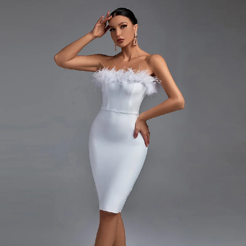 Cap sleeve dresses for womenStrapless Sleeveless Plume Mini Bandage Dress PF1108