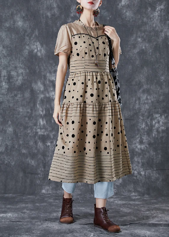 Evening women's dressesFashion Coffee Ruffled Patchwork Print Chiffon Dress Summer